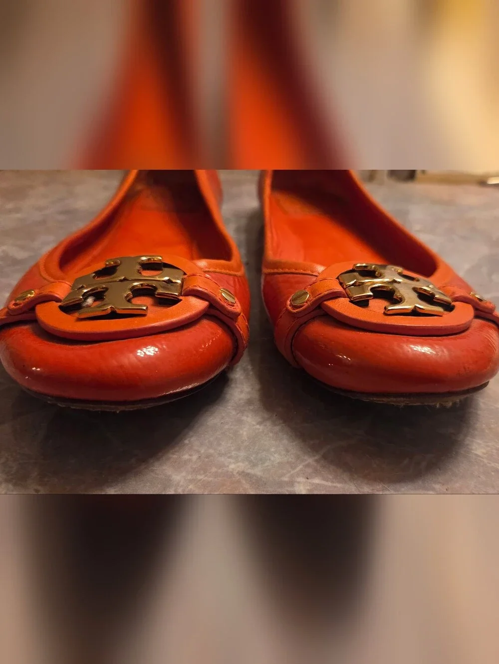 Tory Burch Orange Patent Leather Logo Ballet Flats